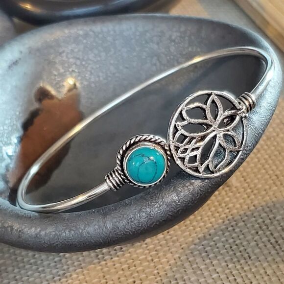 India Turquoise Gemstone Lotus Sterling Silver Overlay Cuff Bracelet 6743-R - Picture 2 of 8